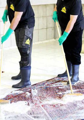 Zwei Mitarbeiter waschen Orientteppich mit Bürsten und Kernseite